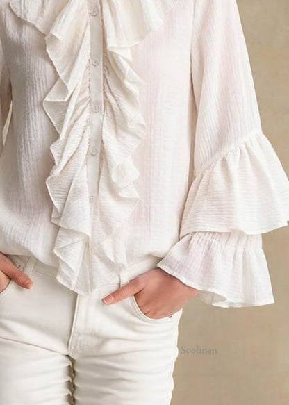 Elegant Apricot Stand Collar Ruffled Button Cotton Shirt