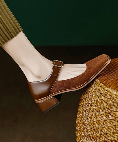 Apricot Suede Square Head Buckle High Heels