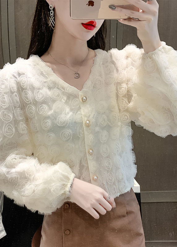 Apricot V Neck Patchwork Tops Long Sleeve
