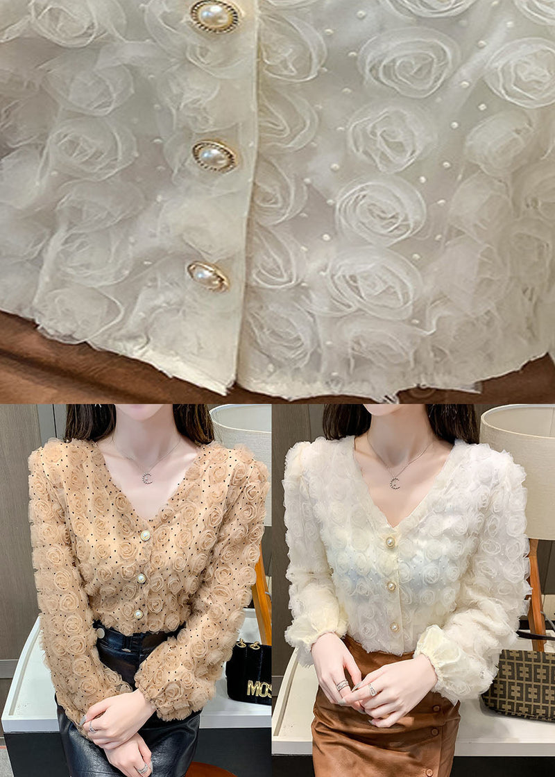Apricot V Neck Patchwork Tops Long Sleeve