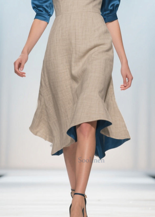 Apricot V Neck Patchwork Linen Silk Fake Two Piece Dress Summer