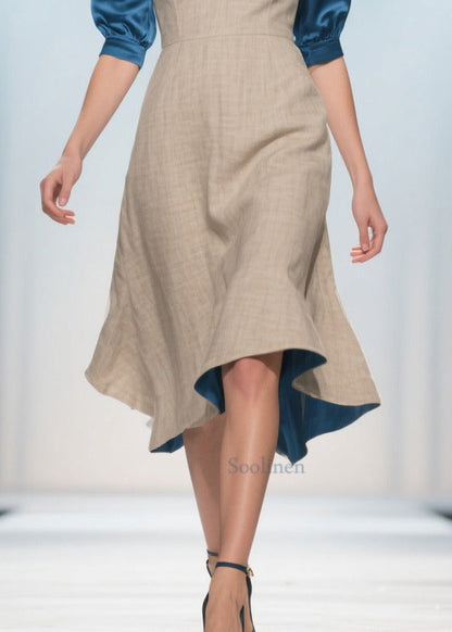 Apricot V Neck Patchwork Linen Silk Fake Two Piece Dress Summer