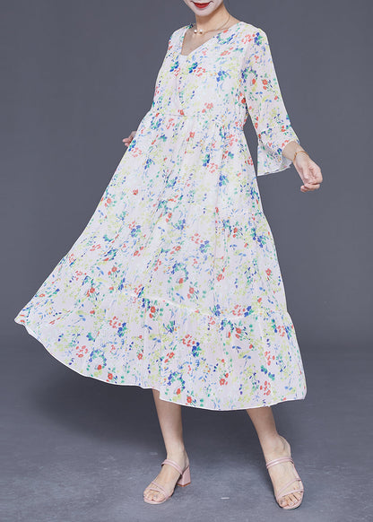 Apricot V Neck Print Exra Large Hem Chiffon Dress Flare Sleeve