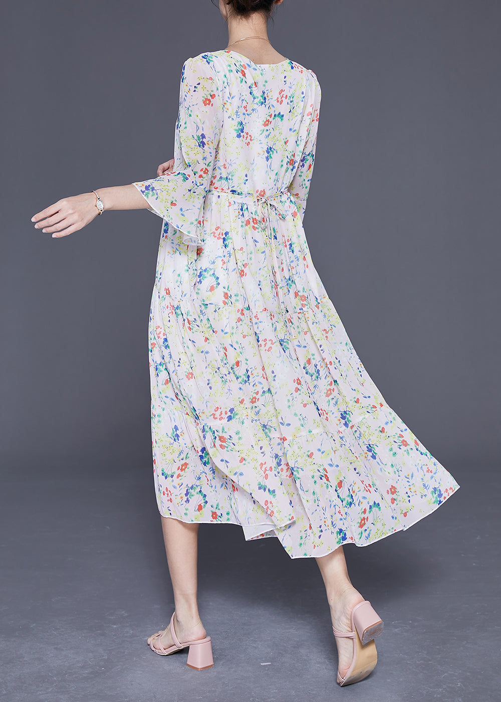 Apricot V Neck Print Exra Large Hem Chiffon Dress Flare Sleeve