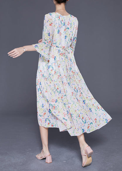 Apricot V Neck Print Exra Large Hem Chiffon Dress Flare Sleeve