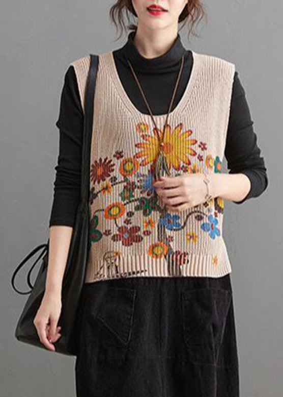 Apricot V Neck Print Low High Design Knit Waistcoat Fall