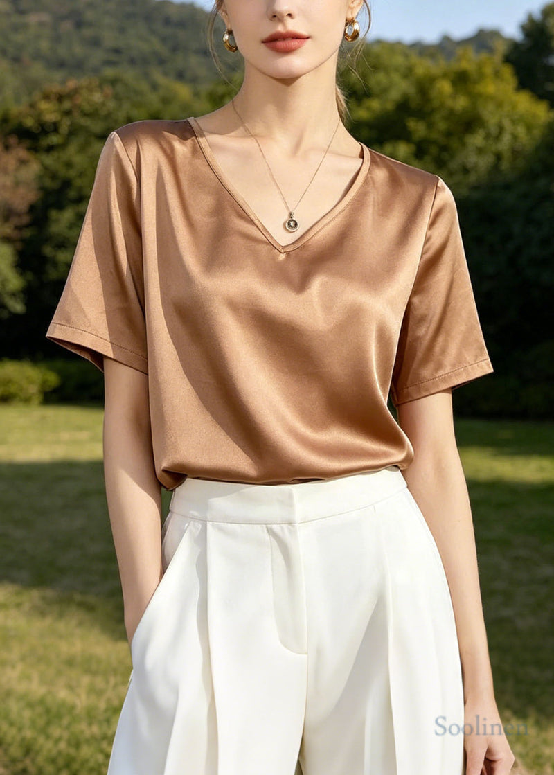 Apricot V Neck Silk Blouse Tops Summer
