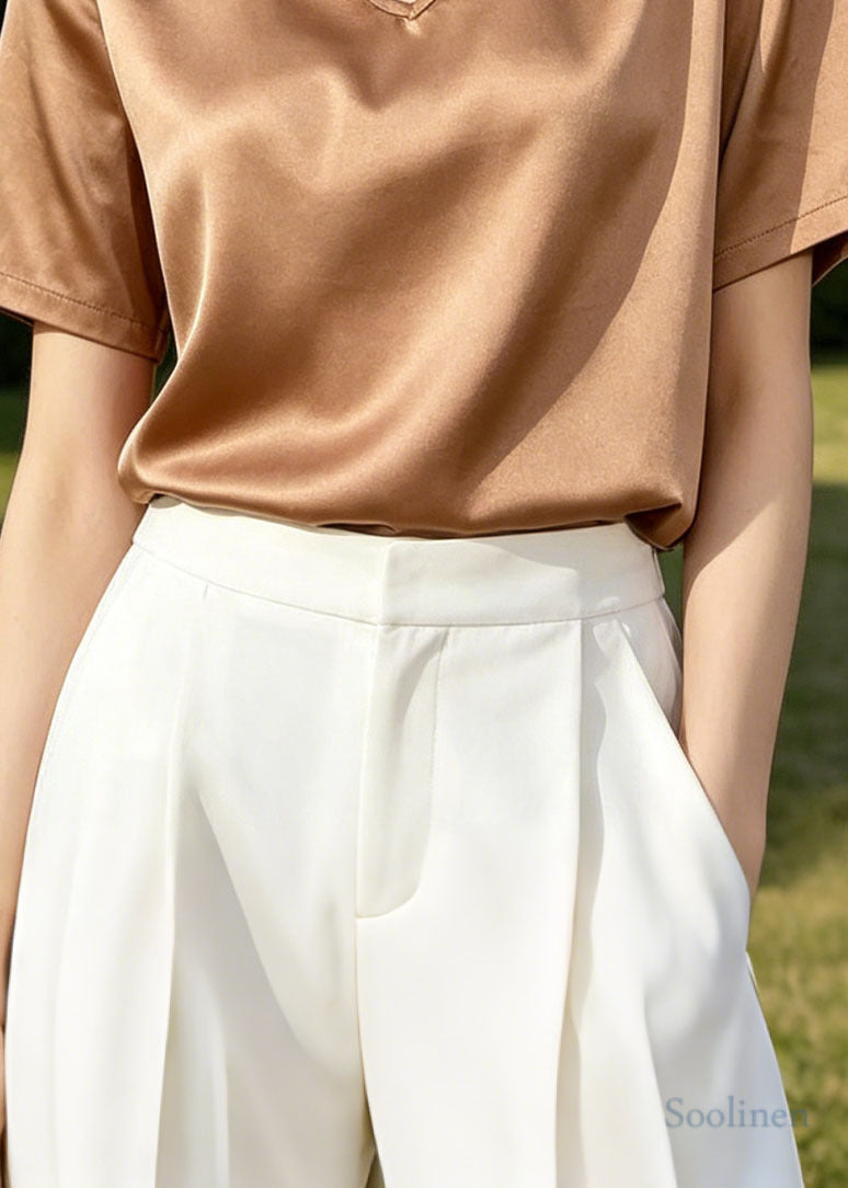 Apricot V Neck Silk Blouse Tops Summer
