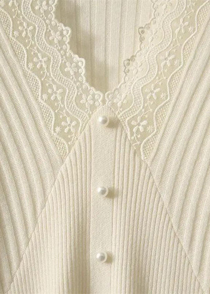 Apricot V Neck Thick Lace Patchwork Nail Bead Knit Sweater Tops Winter