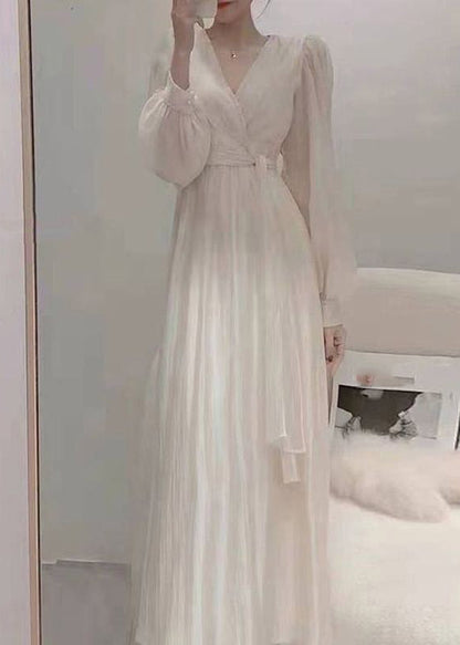 Apricot V Neck Tie Waist Chiffon Long Dress Spring