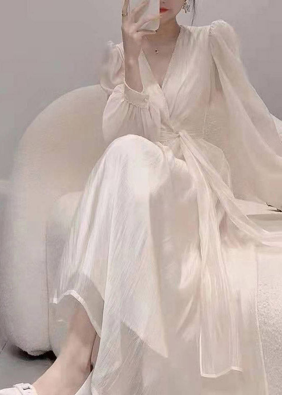 Apricot V Neck Tie Waist Chiffon Long Dress Spring