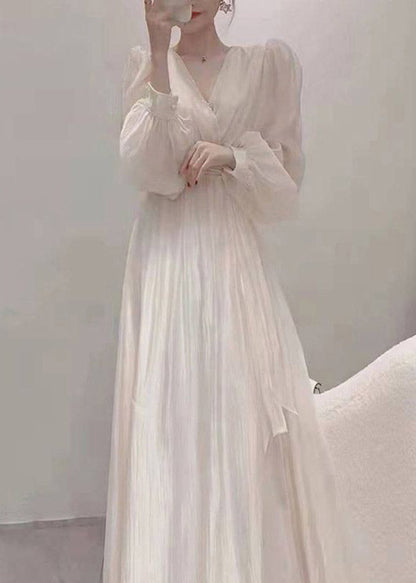 Apricot V Neck Tie Waist Chiffon Long Dress Spring