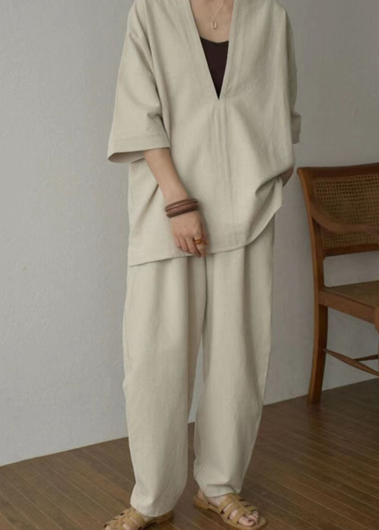 Apricot V Neck Tops and Pants Cotton Two Pieces Set Summer