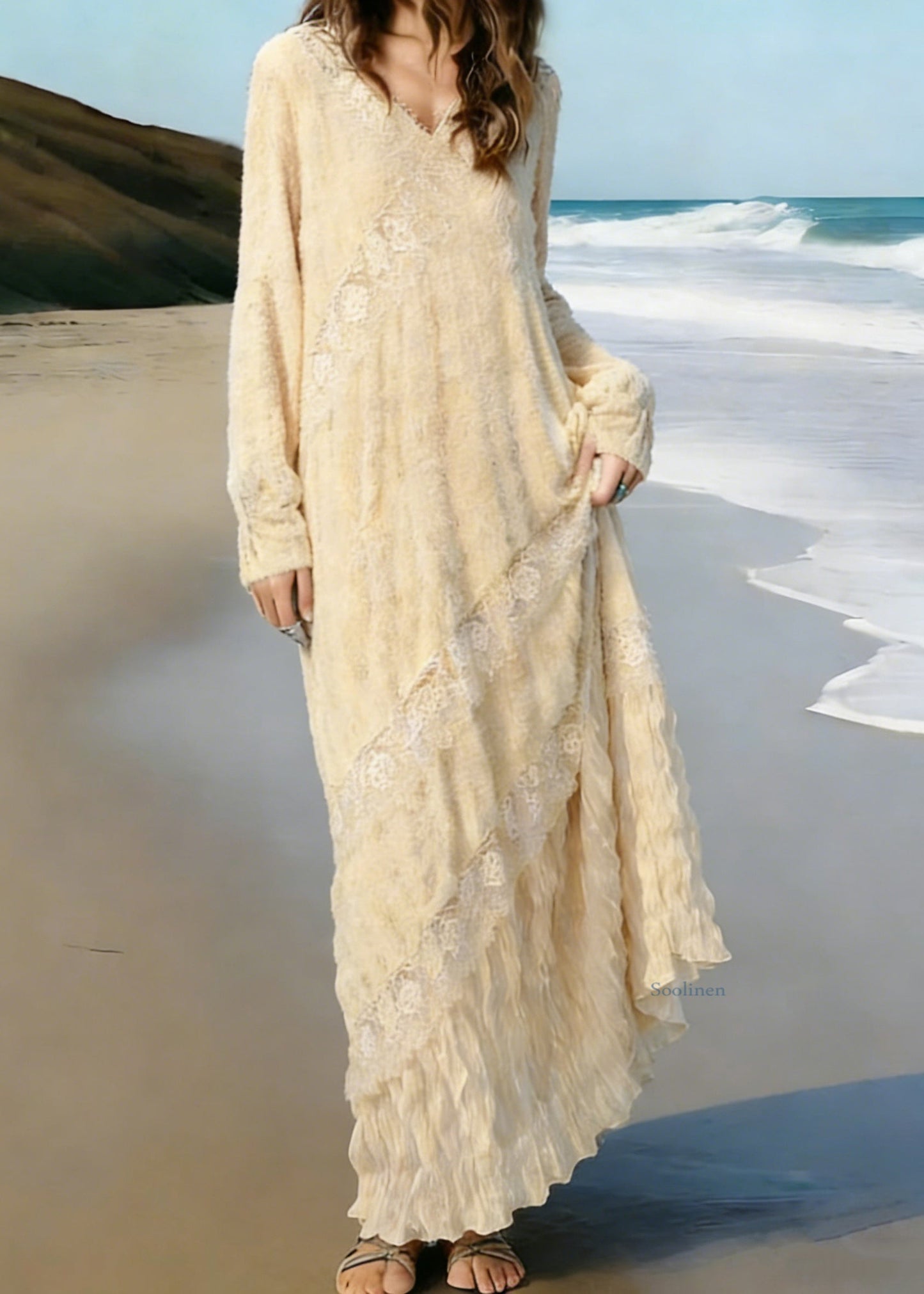 Apricot Wrinkled Lace Patchwork Knit Long Dress Spring