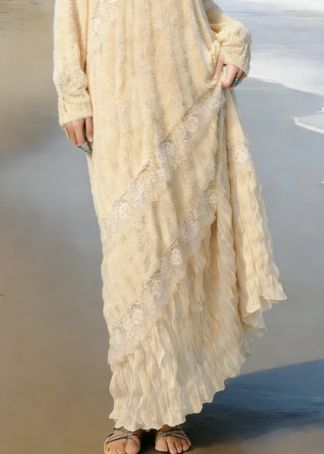 Apricot Wrinkled Lace Patchwork Knit Long Dress Spring