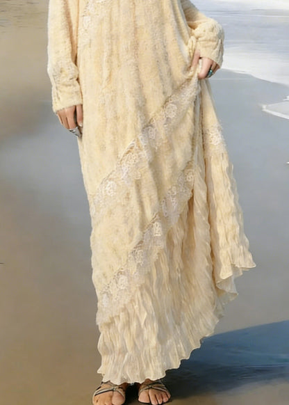 Apricot Wrinkled Lace Patchwork Knit Long Dress Spring