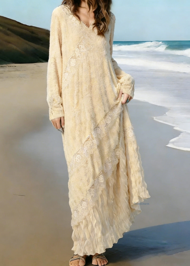 Apricot Wrinkled Lace Patchwork Knit Long Dress Spring