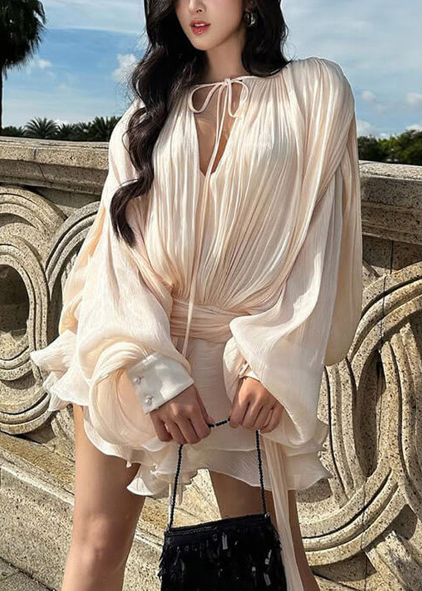 Apricot Wrinkled Lace Up Tulle Mini Dress Spring