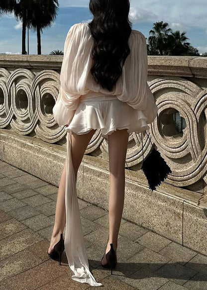 Apricot Wrinkled Lace Up Tulle Mini Dress Spring