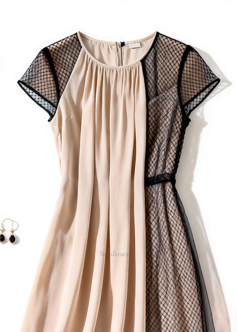 Apricot Wrinkled Tulle Patchwork Dress Summer