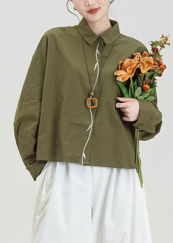 Army Green Embroidered Oversized Cotton Shirts Spring