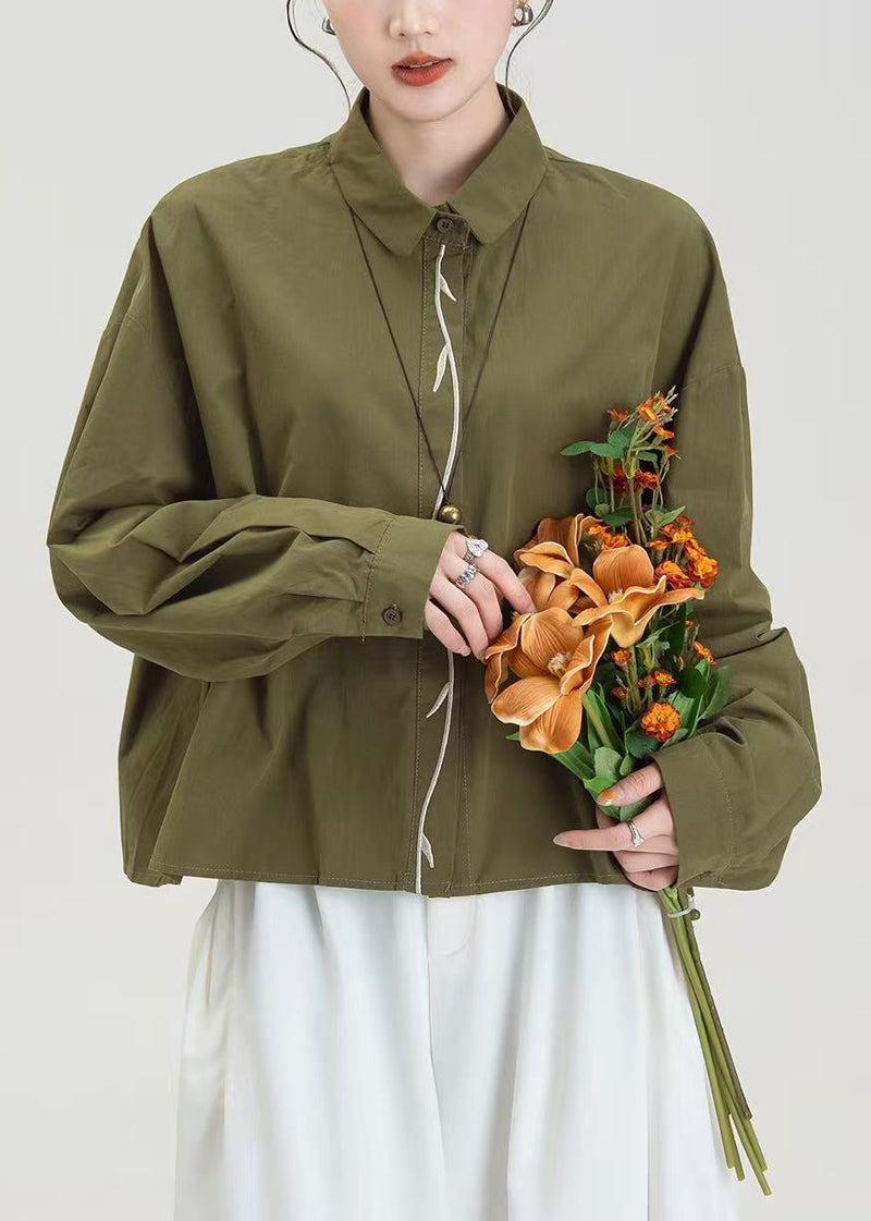 Army Green Embroidered Oversized Cotton Shirts Spring