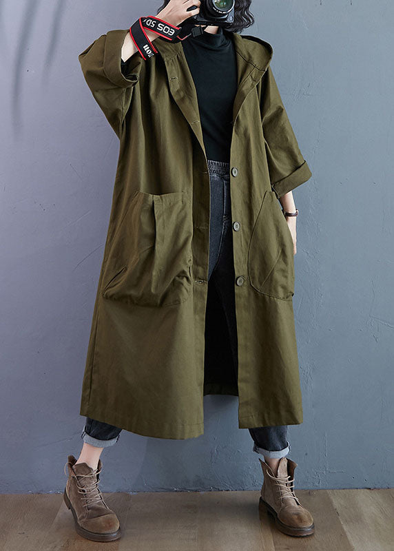 Army Green Pockets Button Fall Hooded Long Sleeve Trench Coats