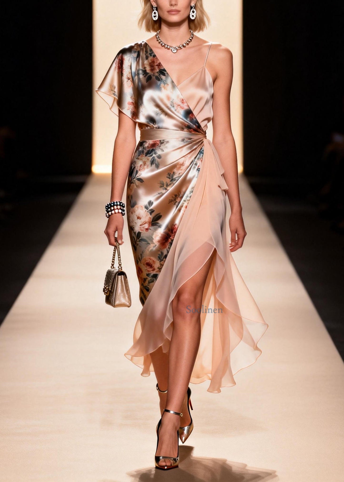 Asymmetrical Design Print Patchwork Silk Dress Summer
