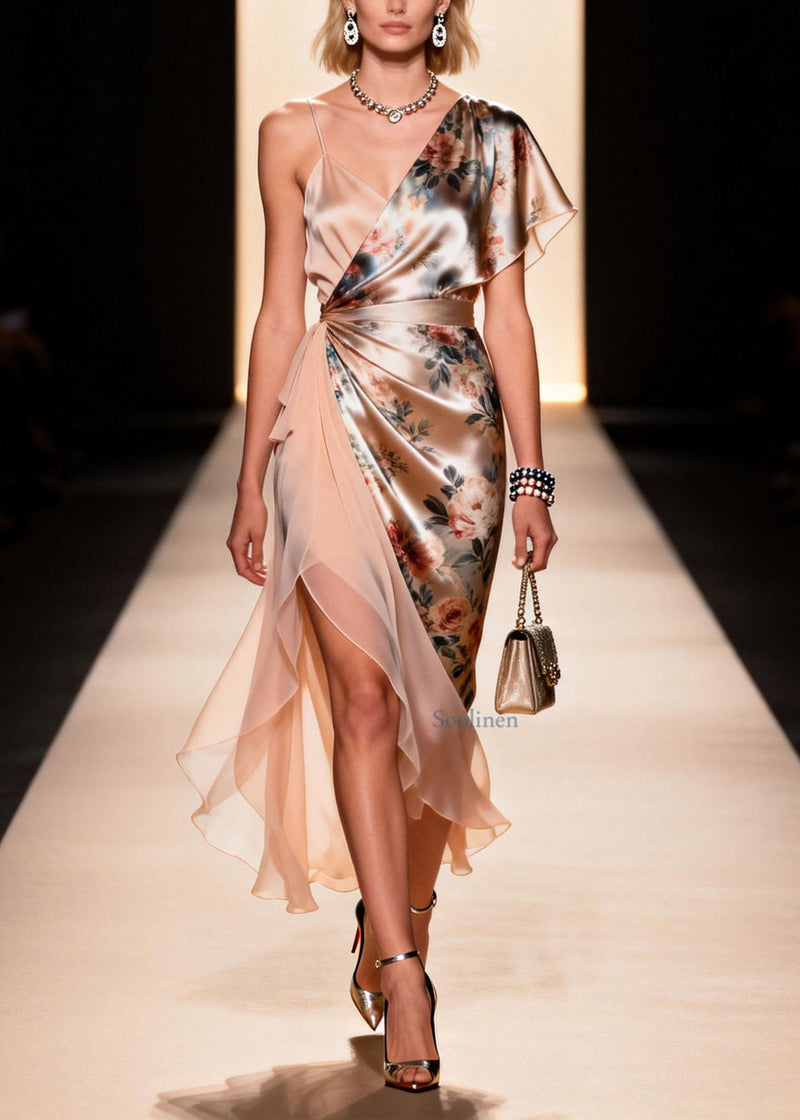 Asymmetrical Design Print Patchwork Silk Dress Summer