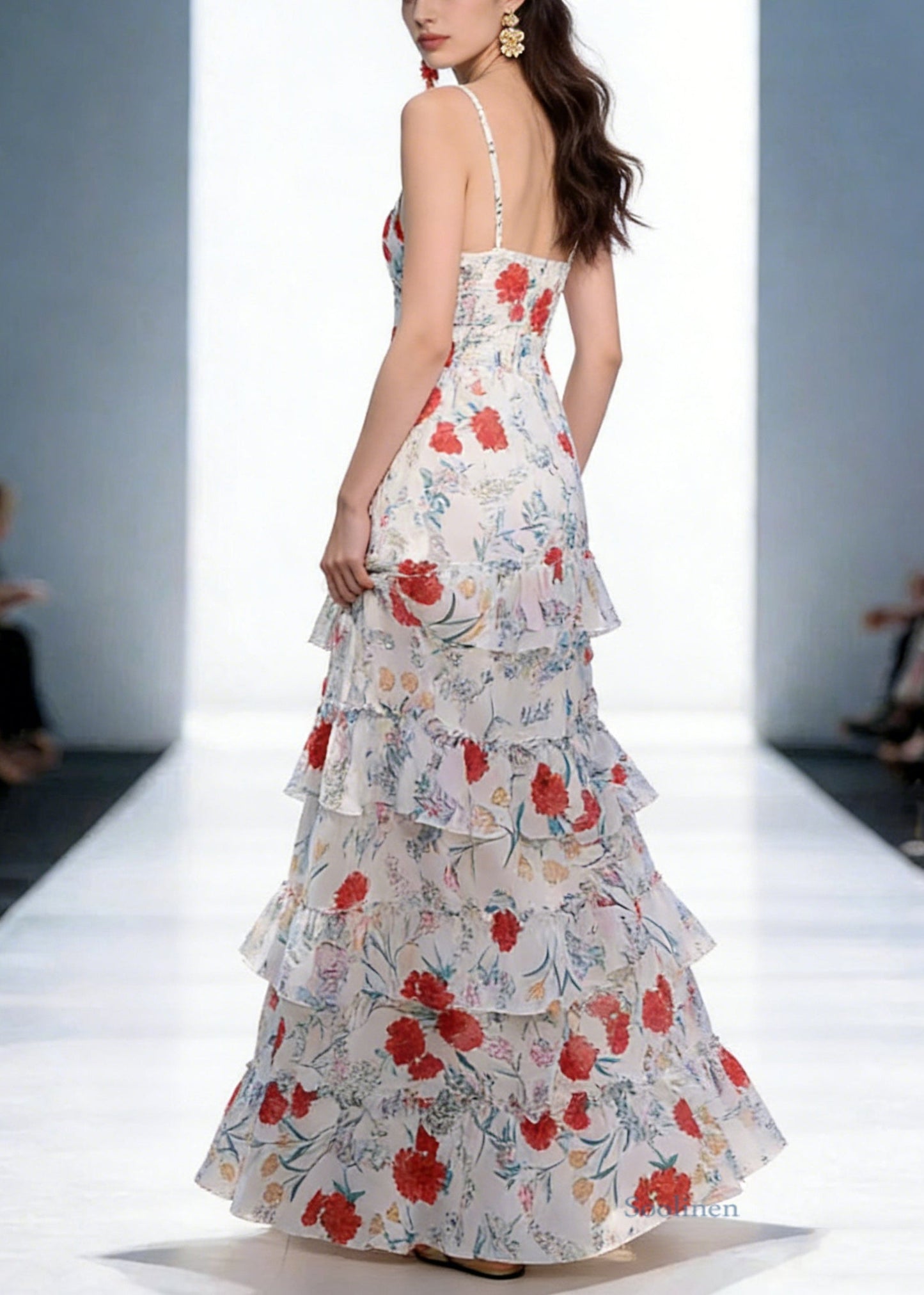 Backless Print Ruffled Cotton Spaghetti Strap Dress Sleeveless