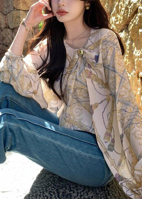 Elegant Beige Asymmetrical Print Chiffon Shirt Spring