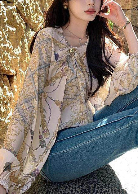 Elegant Beige Asymmetrical Print Chiffon Shirt Spring