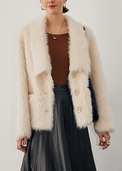 Beige Button Pockets Woolen Coat Winter