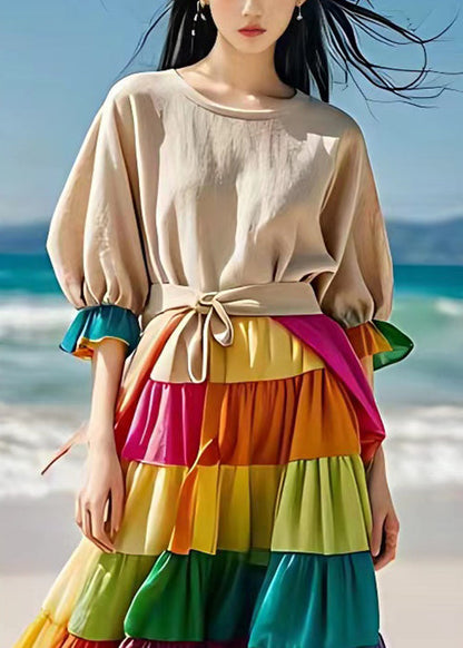 Beige Chiffon Patchwork Linen Dress Flare Sleeve