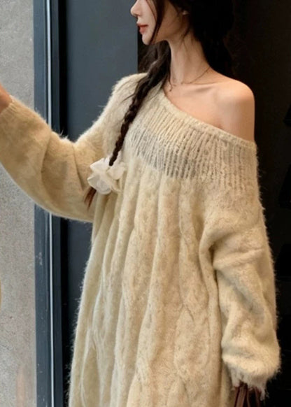 Beige Cold Shoulder Cable Knit Dress Spring
