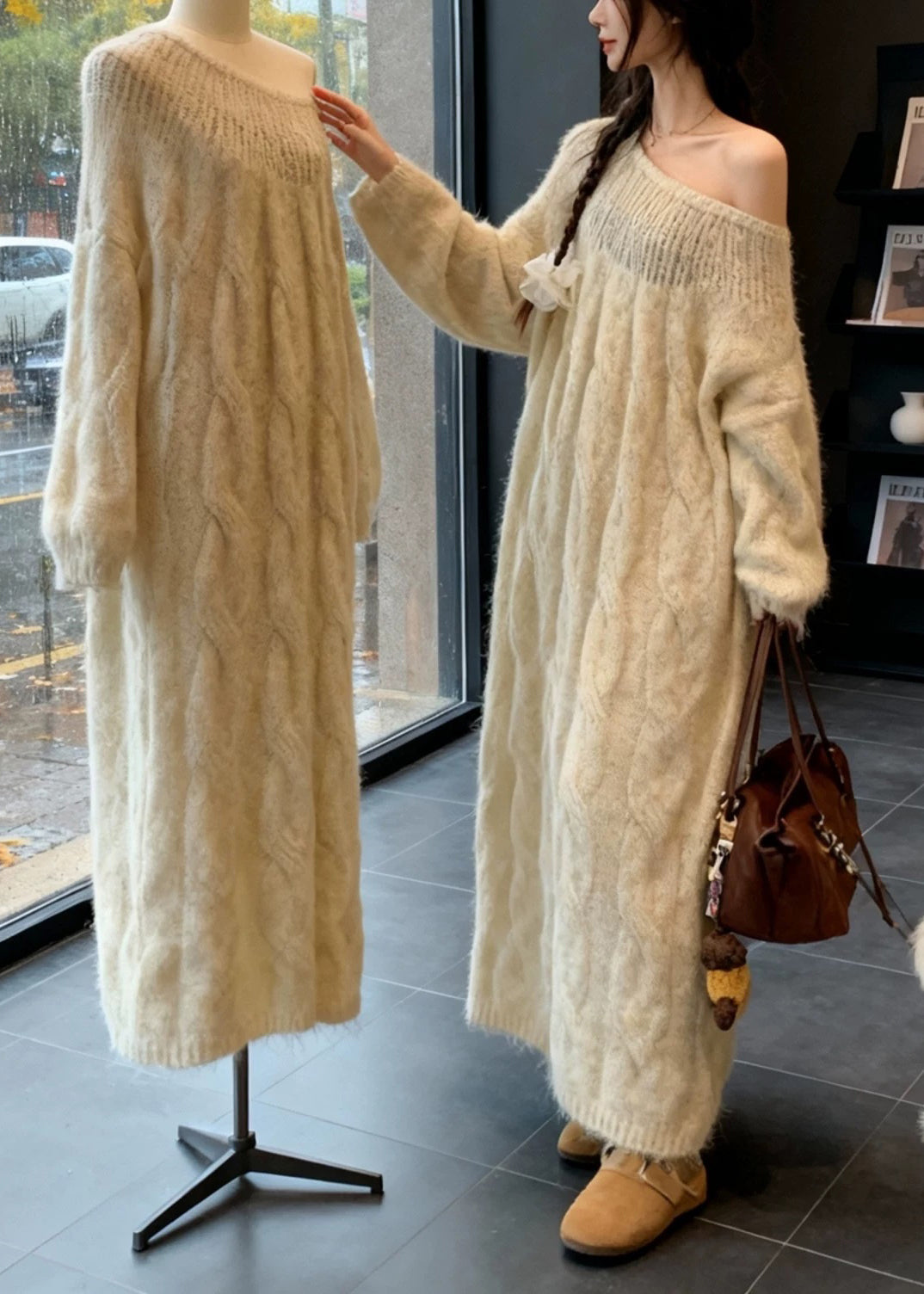 Beige Cold Shoulder Cable Knit Dress Spring