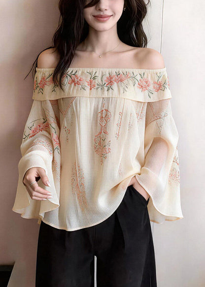 Elegant Beige Cold Shoulder Print Cotton Blouses Flare Sleeve