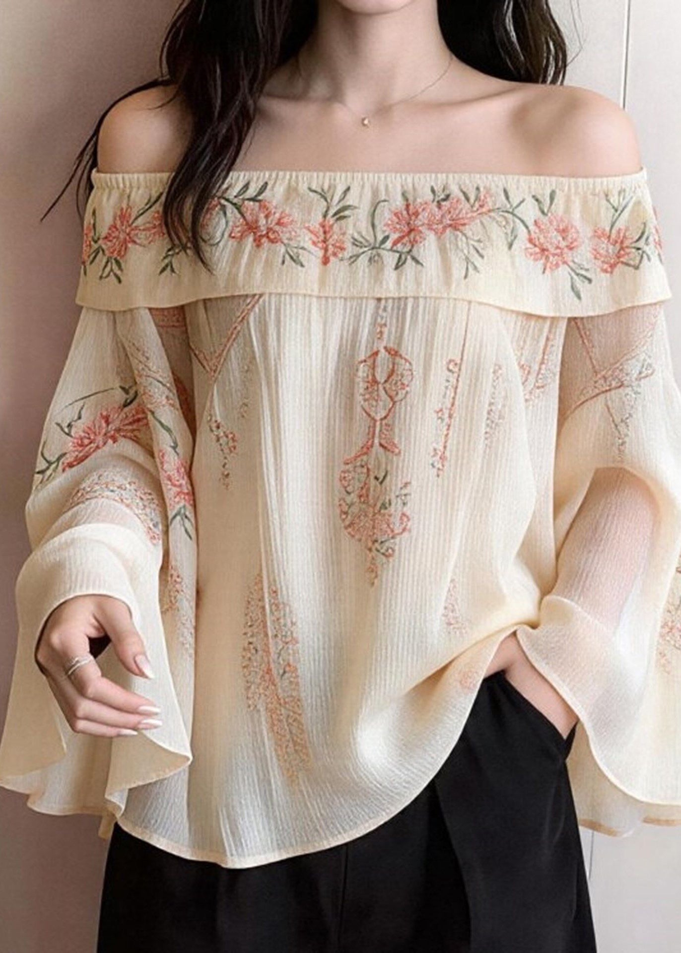 Elegant Beige Cold Shoulder Print Cotton Blouses Flare Sleeve
