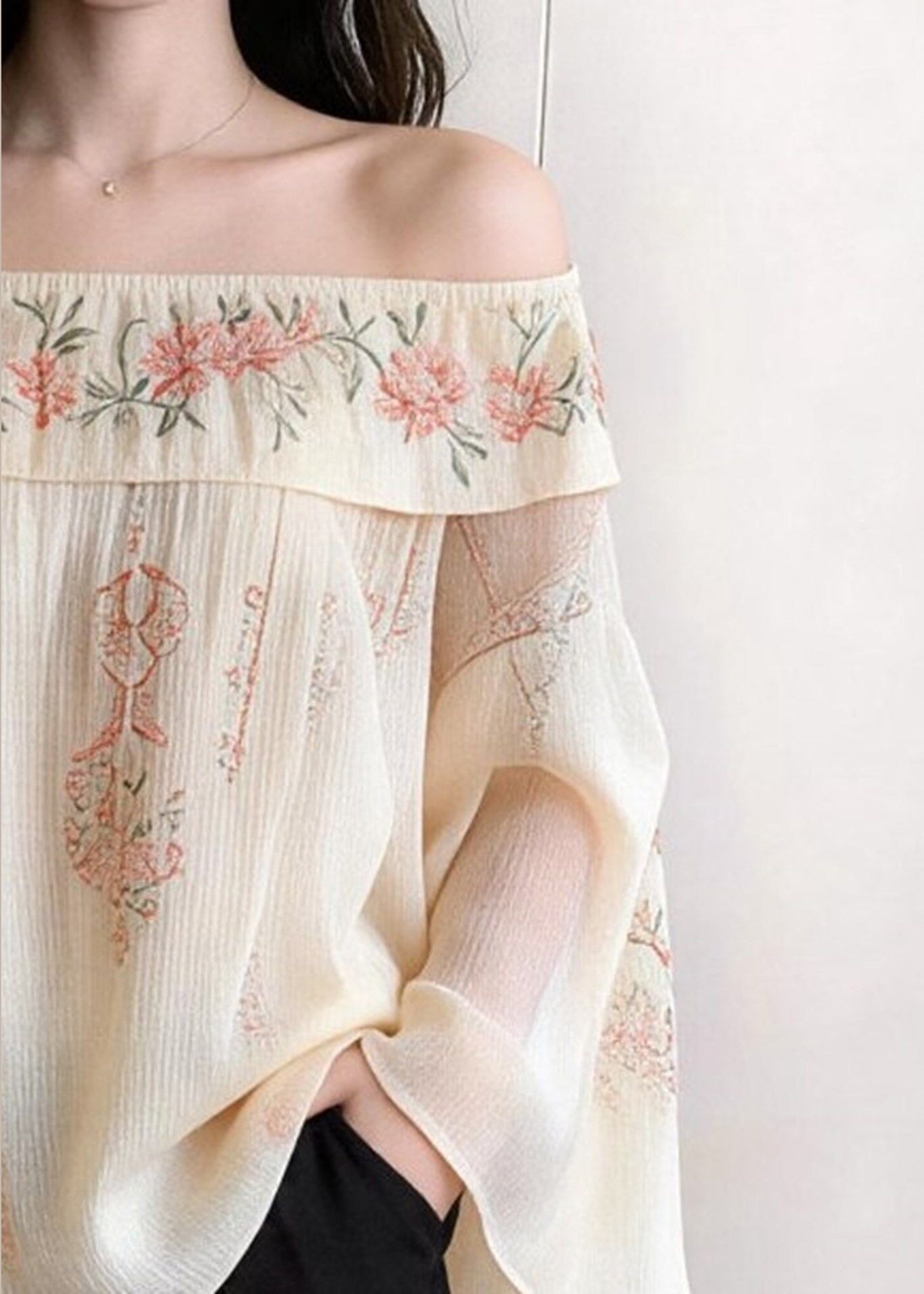 Elegant Beige Cold Shoulder Print Cotton Blouses Flare Sleeve