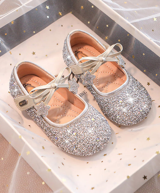 Beige Crystal Bow Buckle Strap Flats