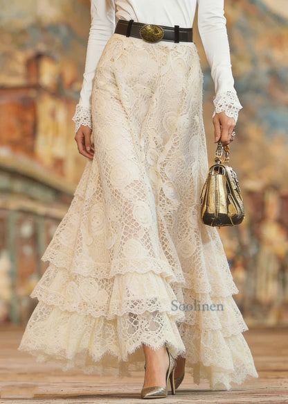 Beige Elastic Waist Lace Maxi Skirt Spring