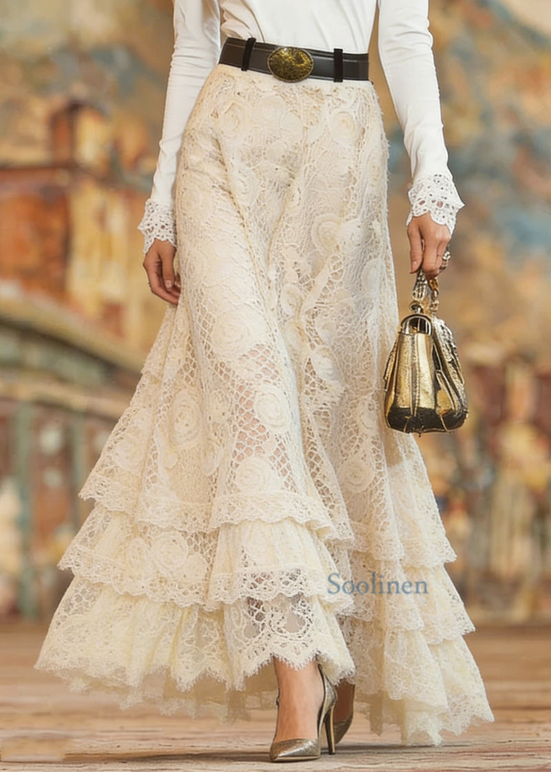 Beige Elastic Waist Lace Maxi Skirt Spring