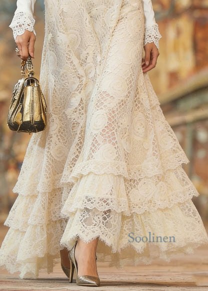 Beige Elastic Waist Lace Maxi Skirt Spring
