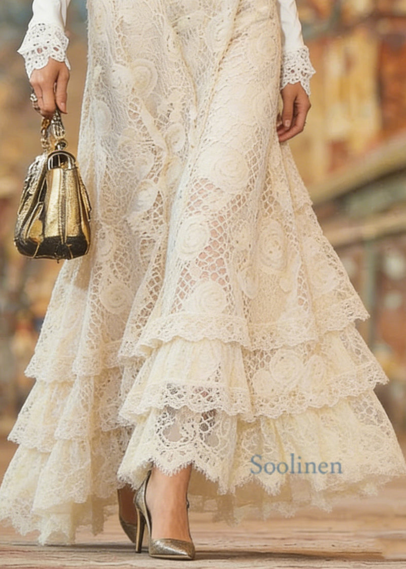 Beige Elastic Waist Lace Maxi Skirt Spring