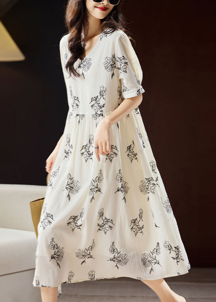 Beige Embroidered Patchwork Maxi Dress Short Sleeve