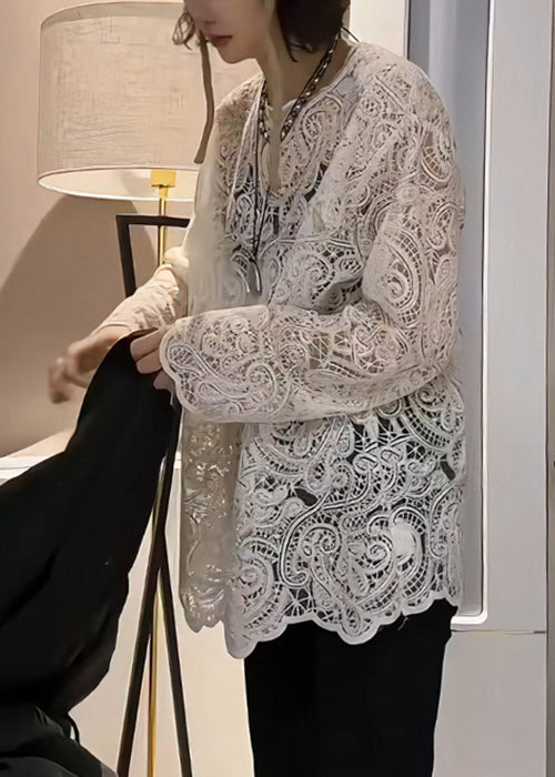 Beige Embroidered Hollow Out Lace T Shirt Spring