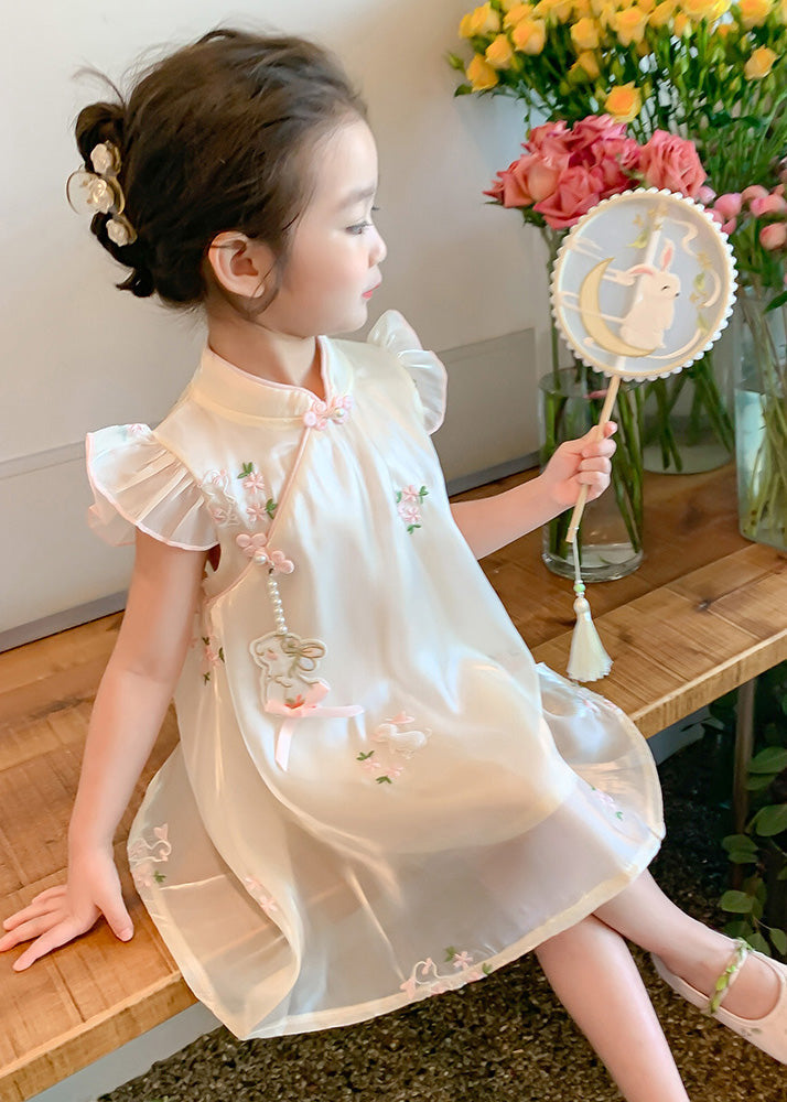 Beige Embroideried Button Tulle Long Dresses Summer