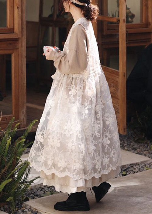 Beige Embroideried Lace Up Patchwork Lace Dress Sleeveless