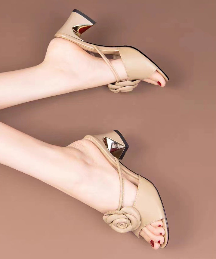 Beige Chunky Heel Slide Sandals Peep Toe