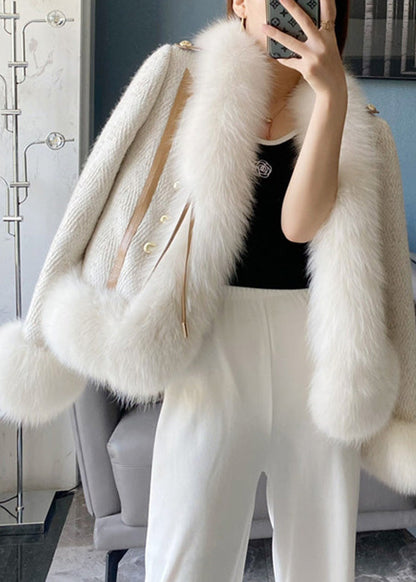Beige Fox Collar Faux Leather and Fur Coat Winter
